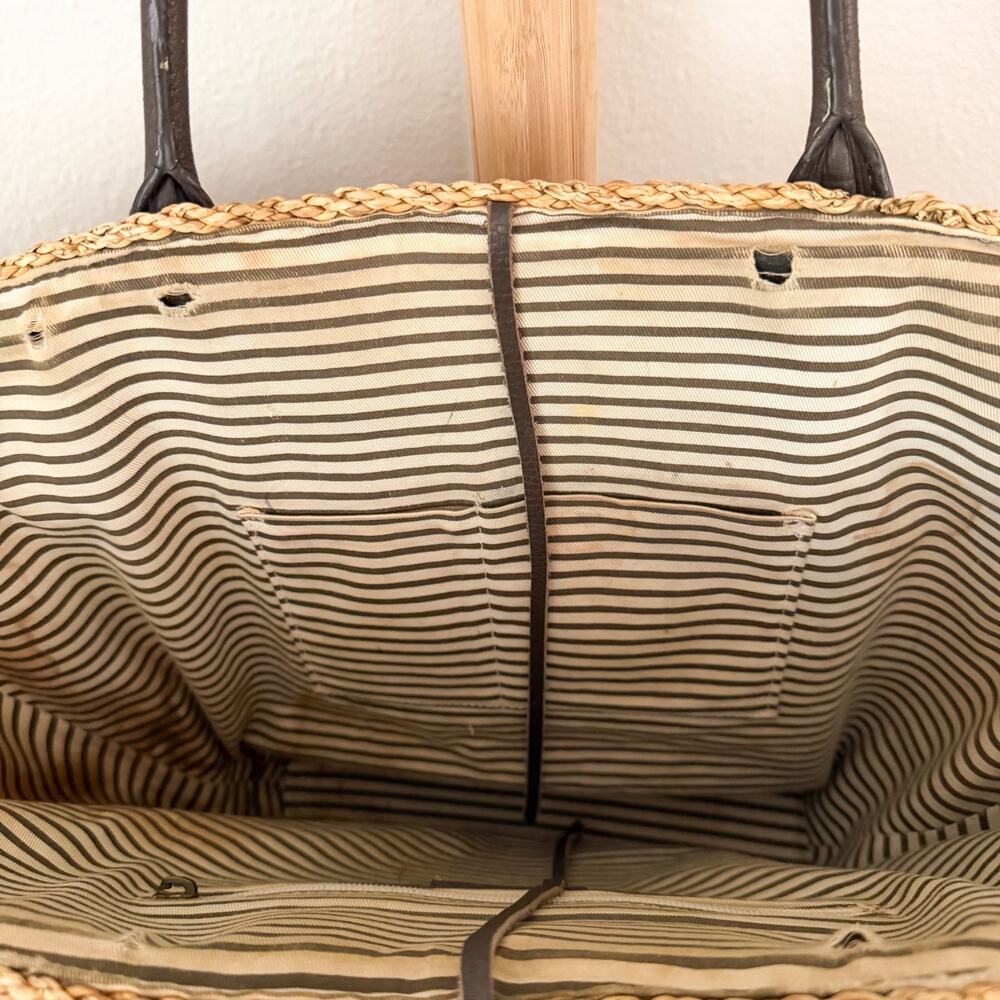 J.Crew Woven Straw Tote Bag Brown Leather Handles Large Beach Market Basket - Picture 10 of 13